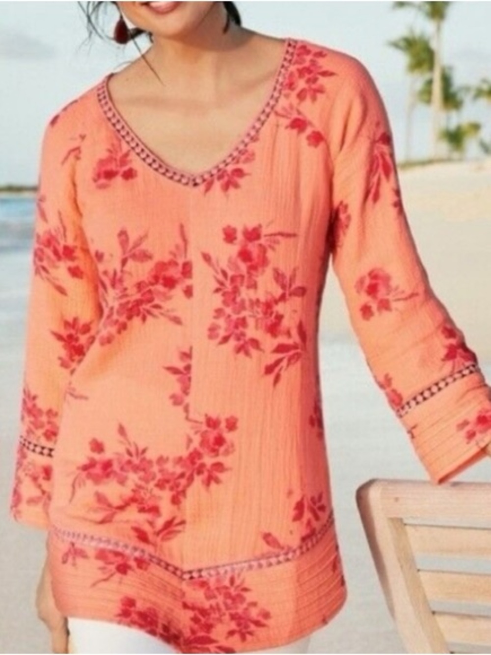 Soft Surroundings Boho Cotton 3/4 Sleeve Blouse Size Large
